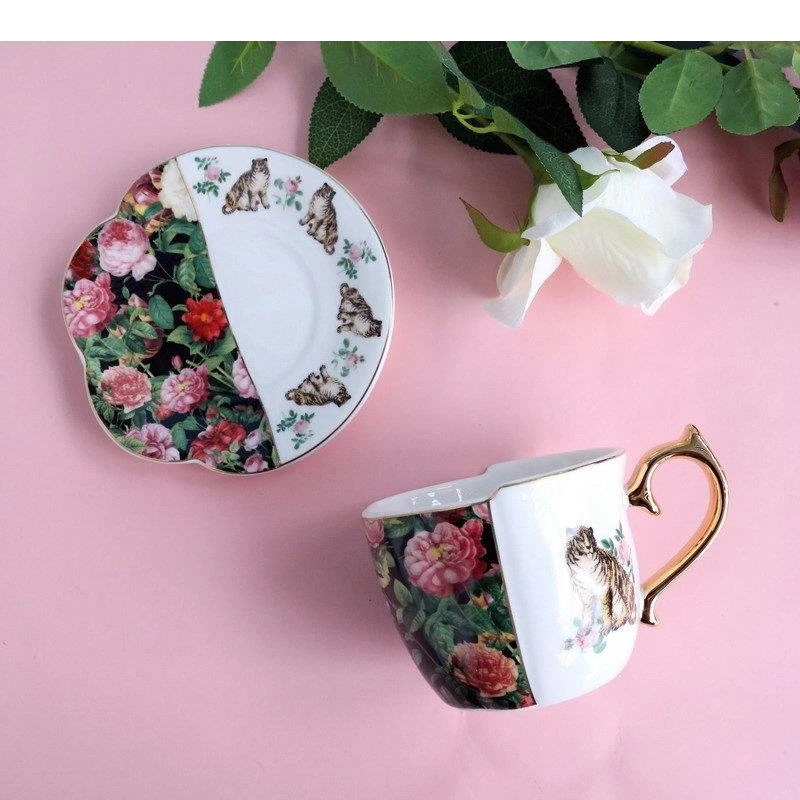 Tiger and Rose Pattern Ceramic Cups Coffee Cup Saucer Milk Tea Fruit Juice Container Asymmetrical Painted Mugs