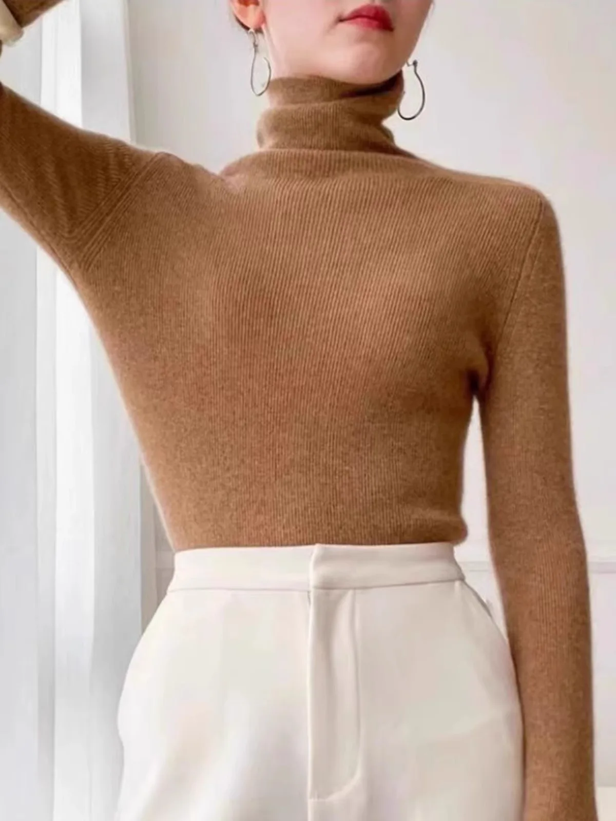 الخريف الشتاء المرأة عالية الياقة Thiened Camere محبوك سترة قسط الشعور ملابس داخلية قاعدة طبقة الصوفية