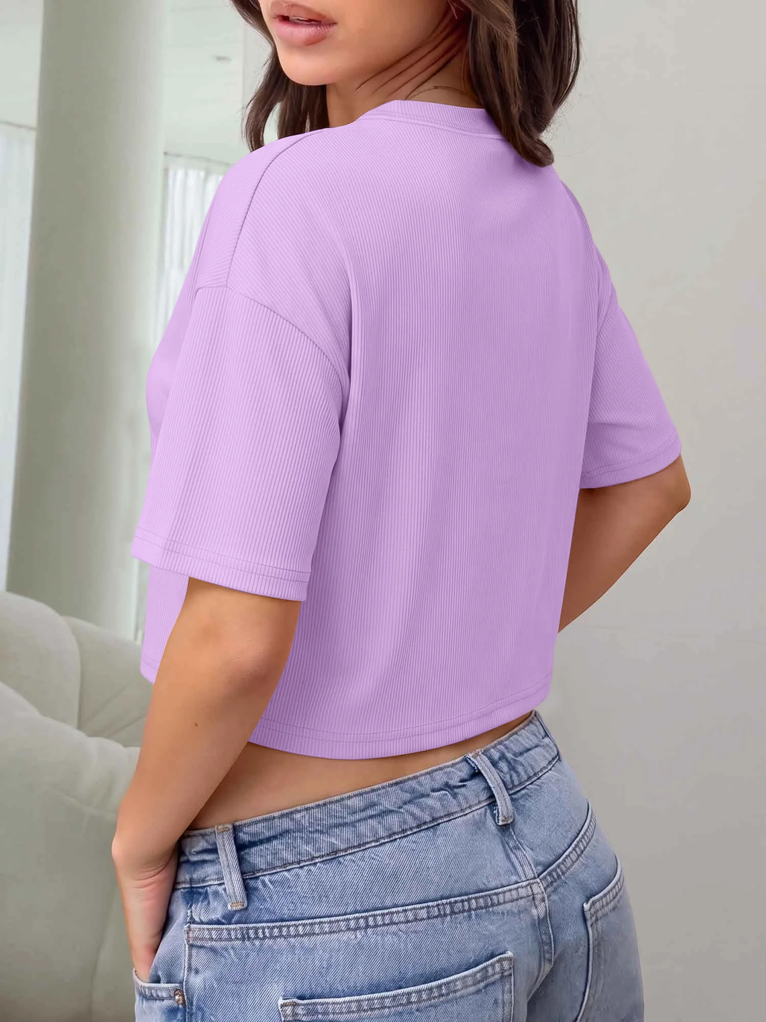 Ladies Summer Solid Color Cropped T-shirt Ribbed Knit Drop Shoulder Short Sleeve Basic Street Tops