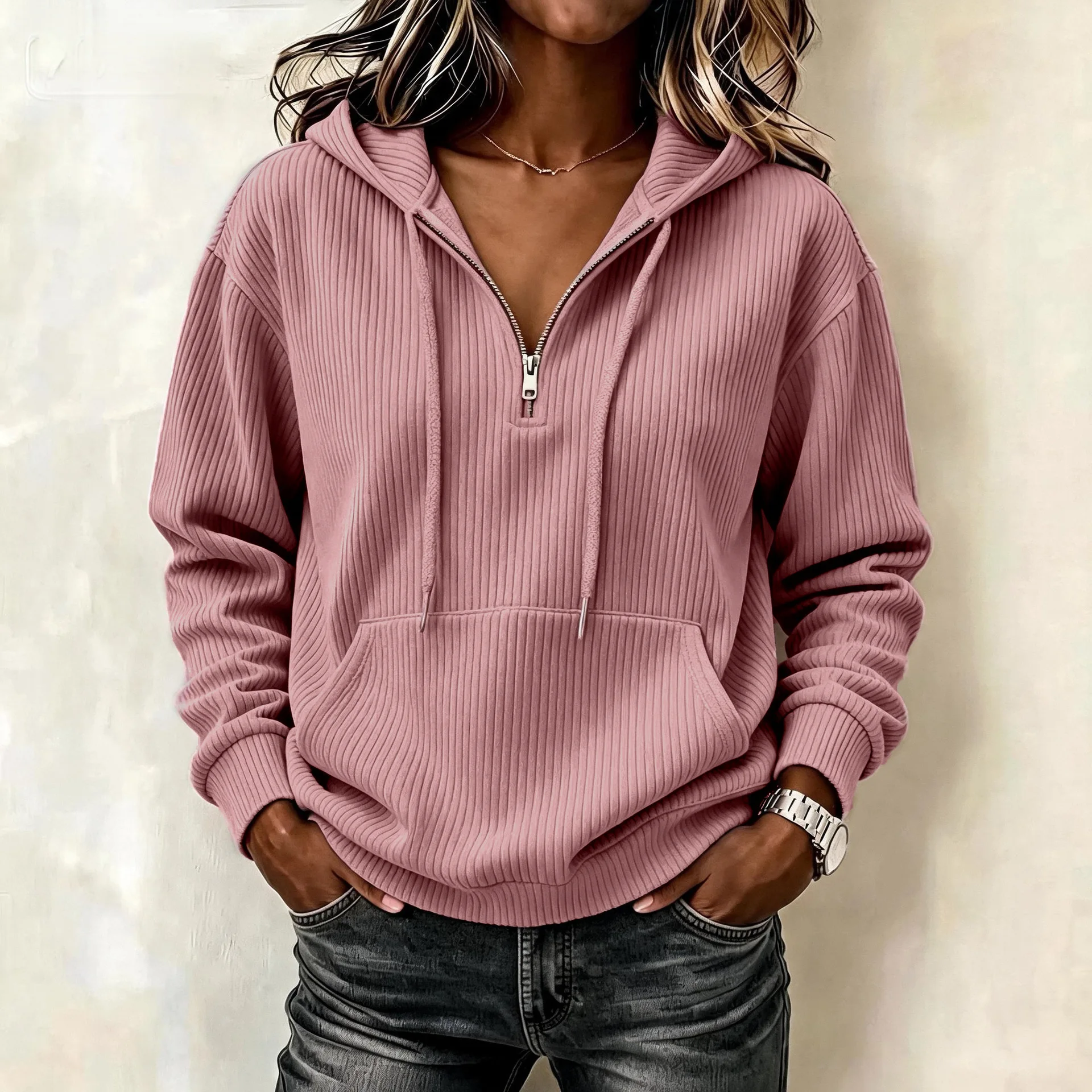 Women's Ribbed Knit Half Zip Hoodie Pullover Drawstring Sweatshirt with Kangaroo Pocket Casual Fall Top