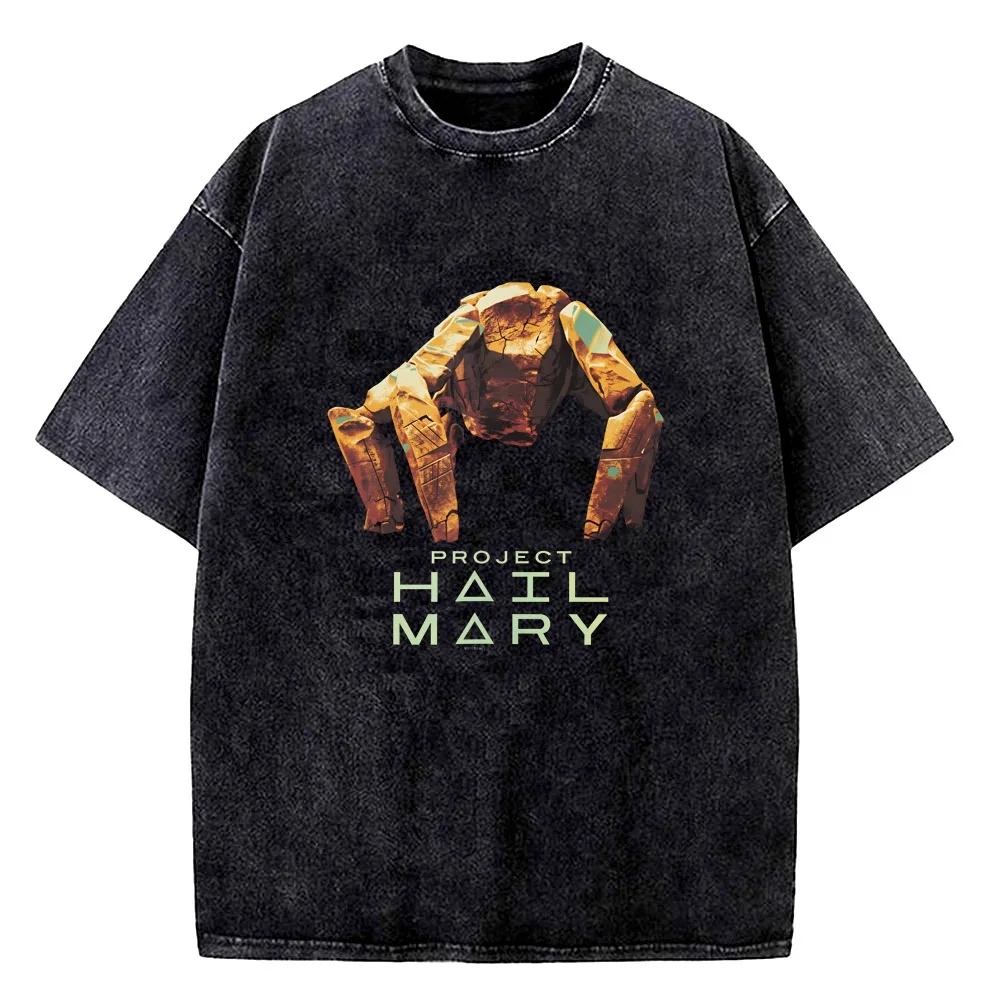 High Quality Cotton Project Hail Mary T Shirt Men Vintage Washed Cartoon Short Sleeve T Shirt Round Neck Grace Rocky Tees Male