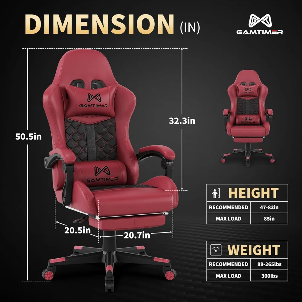 Silla para juegos con reposapiés y soporte Lumbar, sillón para ordenador, piel sintética transpirable, soporte Lumbar 4D y reposacabezas, 360 grados