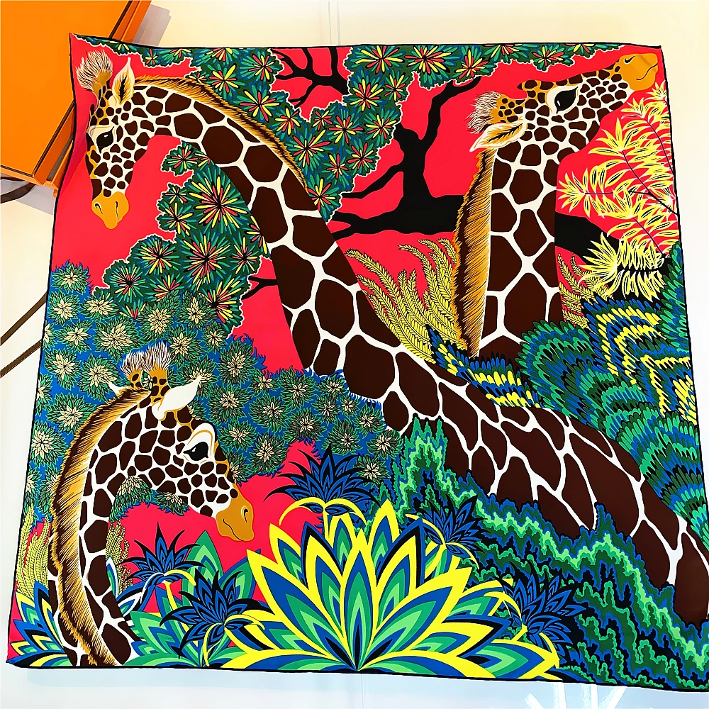 Manual Hand Rolled Twill Silk Scarf Women Three Giraffes 2024 Square Scarves Echarpes Foulards Femme Wrap Bandana Hijab 90CM