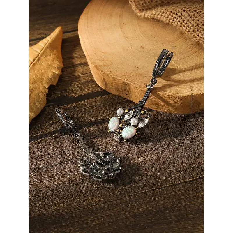 New Gun Black Retro Imitation Australian Treasure Luxury Long Pendant Earrings For women's Jewelry Accessories Engagement Gift