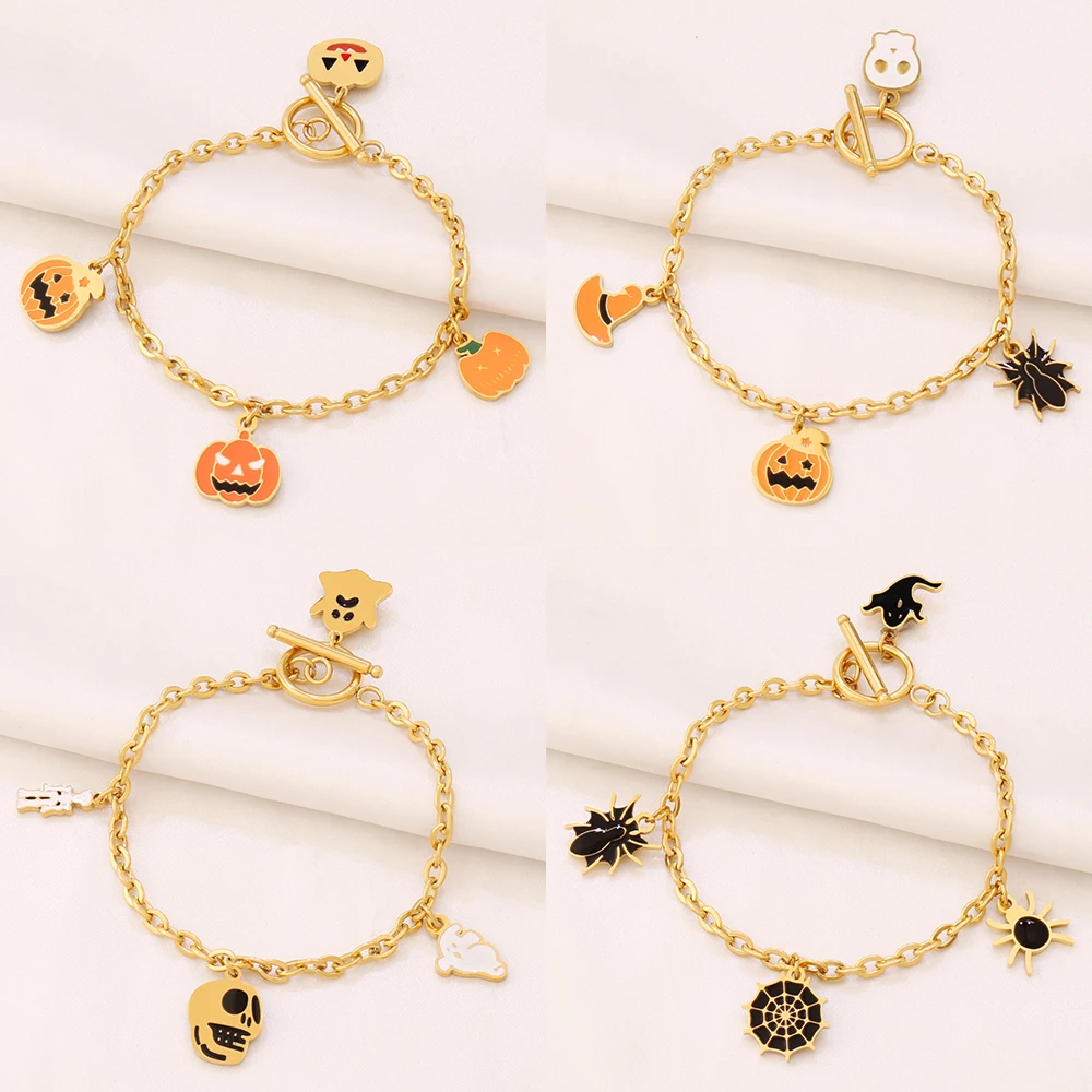 316L Stainless Steel Ghost Spider Bat Pendant Bracelet for Women Funny Mummy Pumpkin Chain Bracelets Halloween Party Jewelry Gif