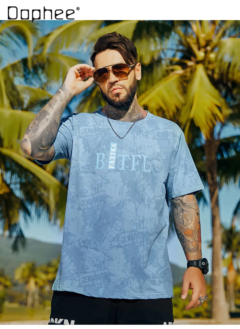 Summer New Blue Cotton T-Shirt Men Outdoor Daily Streetwear Oversized Loose Short Sleeve with Black Chest Letter Graphic Print