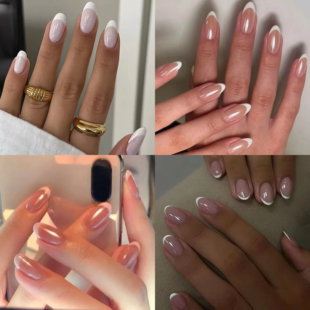 

French Classic White Border Stiletto Fake Nails Art Almond False Nails Charms Glitter Simple Square Pointed Press on Nails Tools