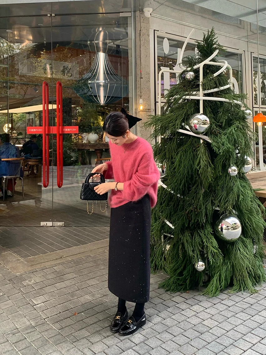 

Sunny Puffy Ne Knitted Sweater Soft Loose Lazy Sle Long Sve round Ne Woolen Sweater Women's Winter Faion Casual Wear