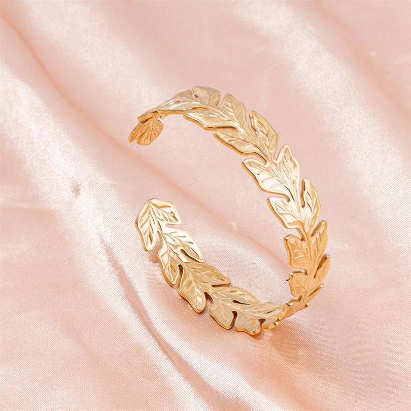 1Pc Stainless Steel Women Personality Irregular Wide Textured Open Bangle Trendy Wheat Ear Leaf Bmboo Aesthetic Bracelet Jewelry