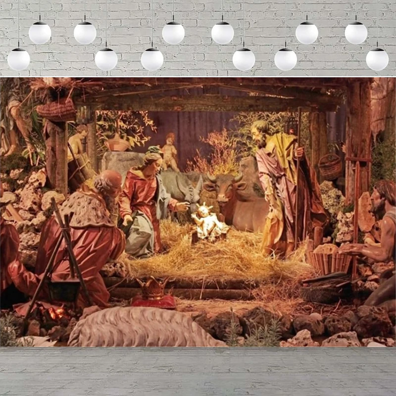 Photography Backdrop Jesus Nativity Christmas Manger Scene Figurines Mary Joseph Sheep Background Belief Christ Decorate Poster