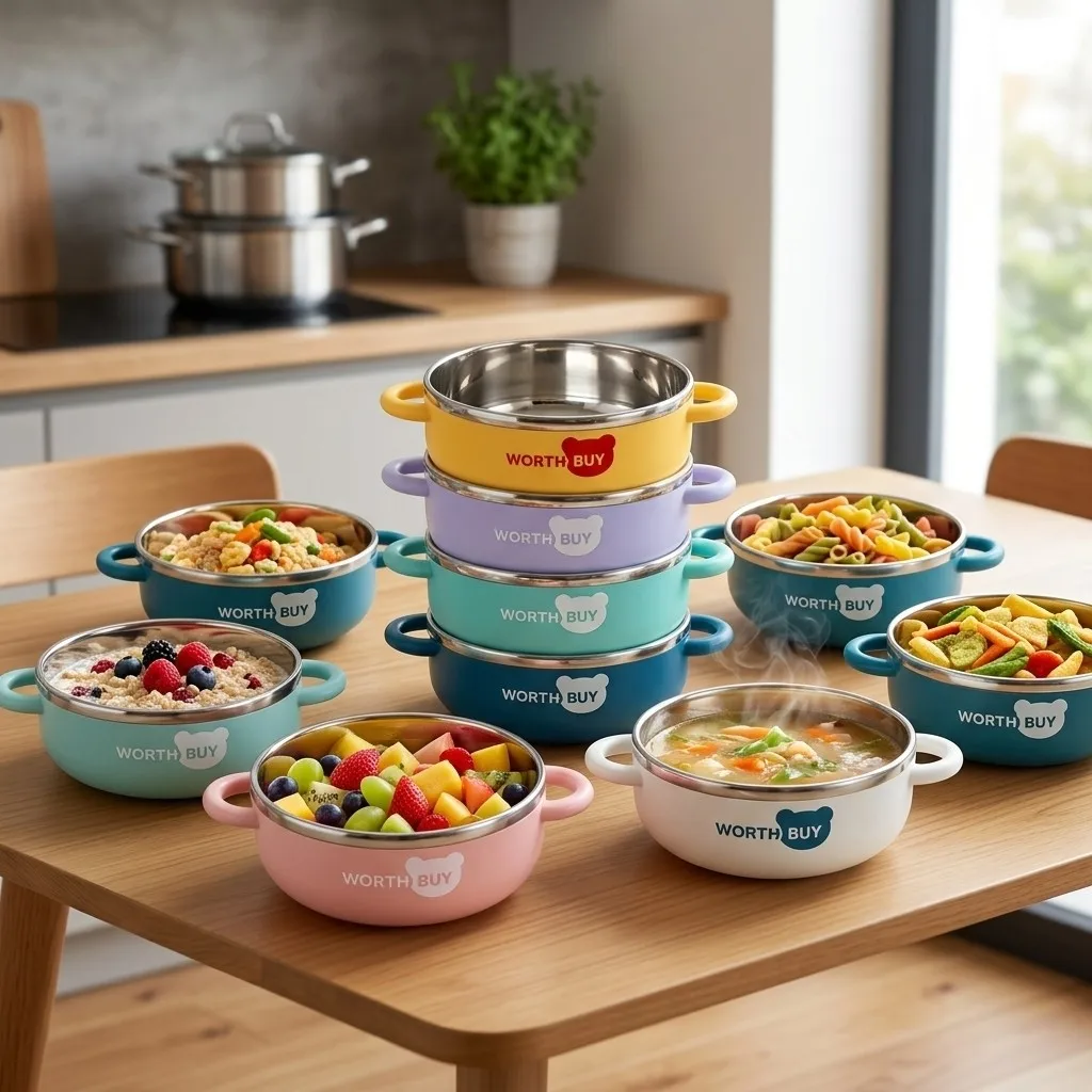 Graziosa ciotola in acciaio inossidabile 304 per ramen, zuppa, frutta e insalata, con doppio manico anti-scottatura, per bambini e studenti, ideale come contenitore per il pranzo.