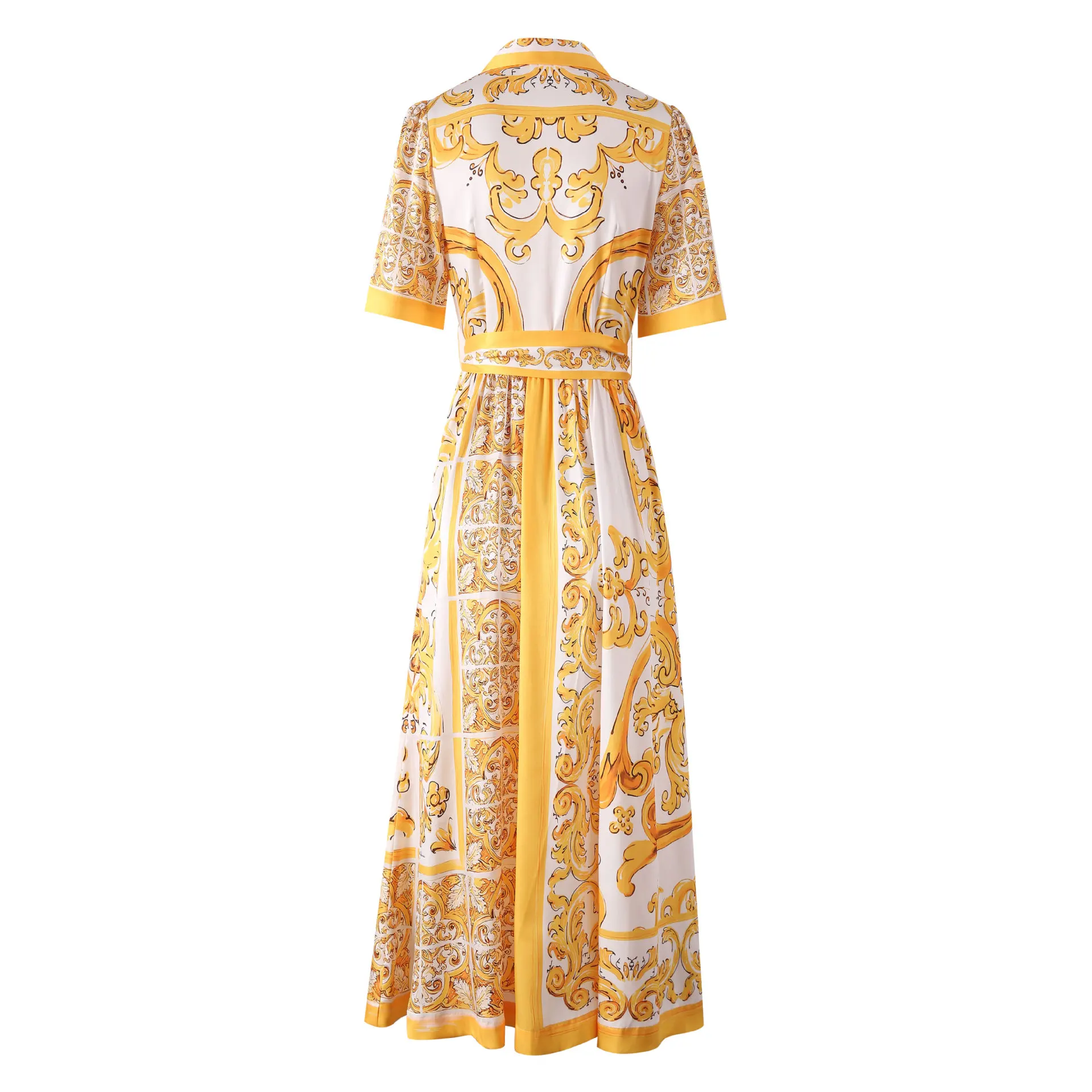 ZJYT Women's Vintage Print Yellow Shirt Dress Single-Breasted Lapel Collar Lace-Up Casual Midi Summer Holiday Dress Runway 2025