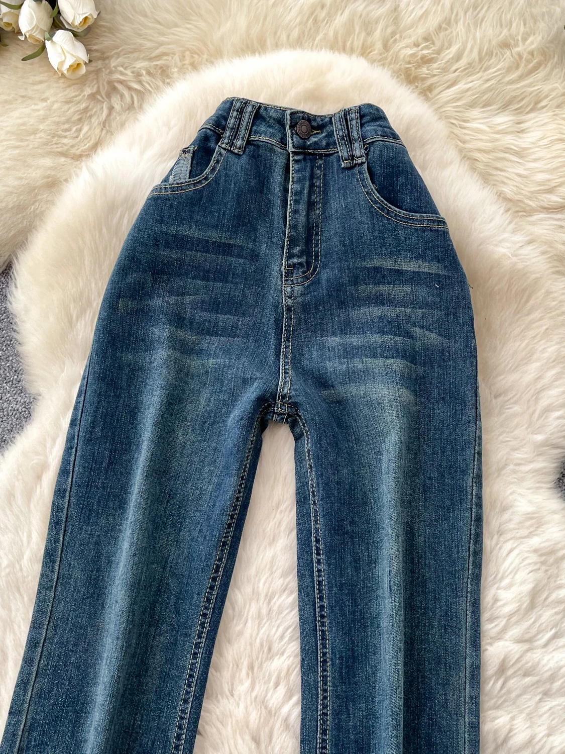 American Retro High Waist Casual Denim Flared Pants Women's Spring New Loose Slimming Versatile Straight Tassel Long Pants