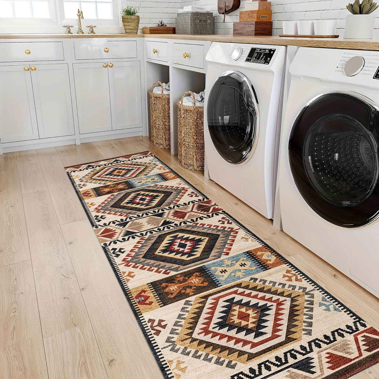 1 Bohemian Ethnic Style Long Running Track Carpet, Washable, Suitable For Corridors, Bedrooms, Laundry Rooms, Porches, Kitchens,