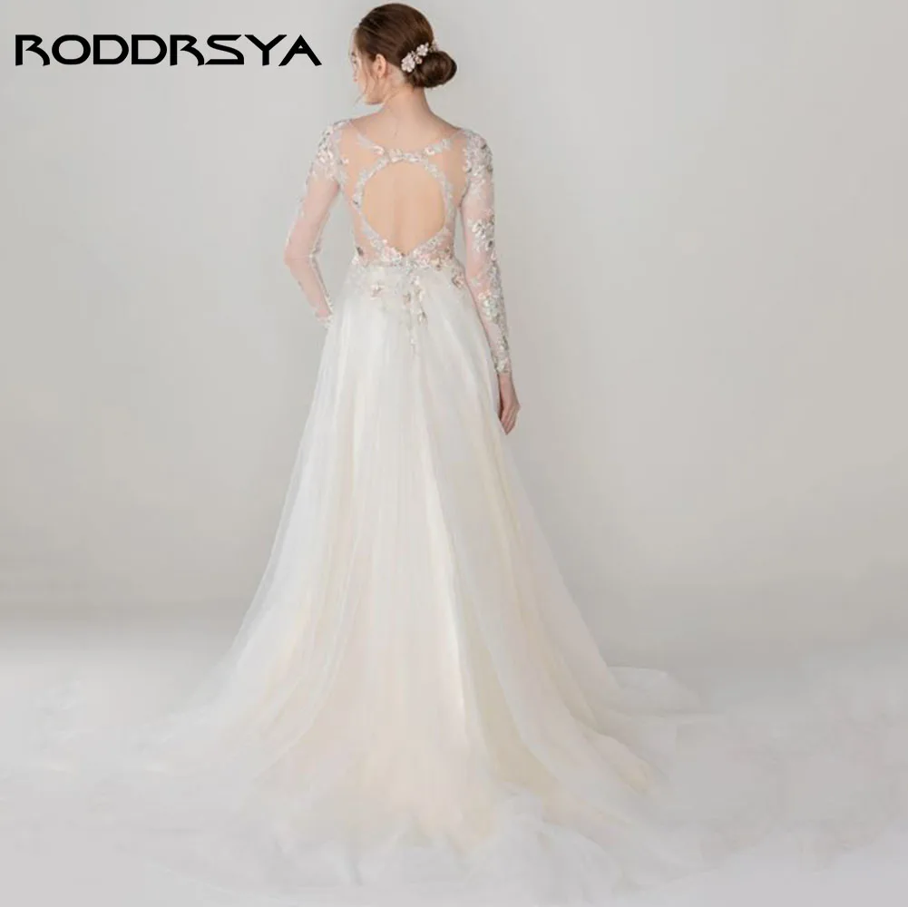 RODDRSY Illusion A-Line Tulle V Neck Pleat Court Train Wedding Dress Bridal Gown for Women Vestido de Novia Custom Made to Lady