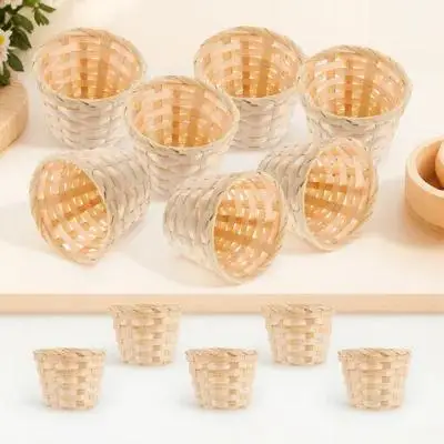 

12pcs Desktop Storage Basket Woven Rattan Small Round Wicker Mini Baskets Craft Home Organizer Multi-Function Wooden Sundries