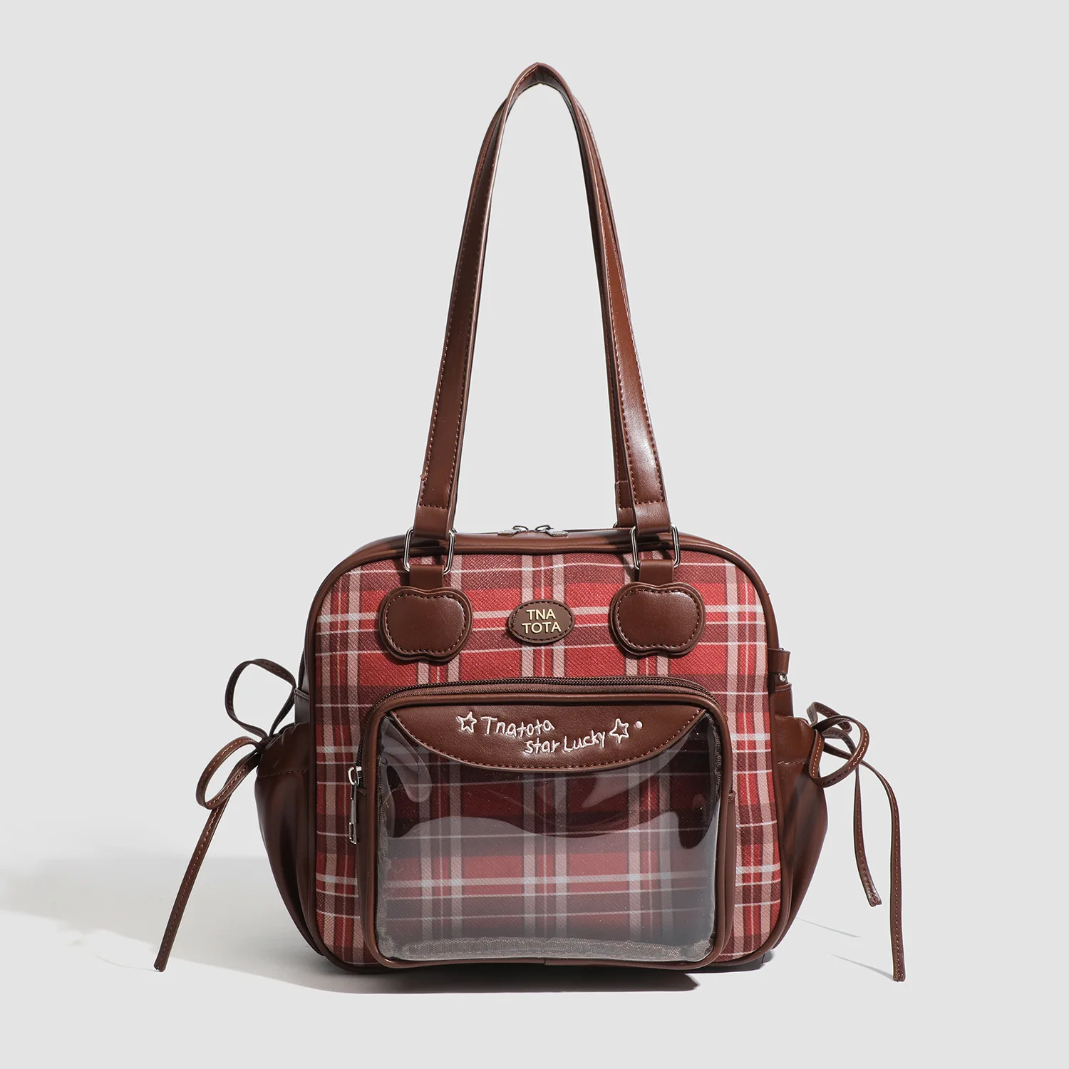 Tote Bag for Women Plaid Pattern PU Leather Zipper Shoulder Crossbody Handbag Large Capacity Brown Black Daily Casual