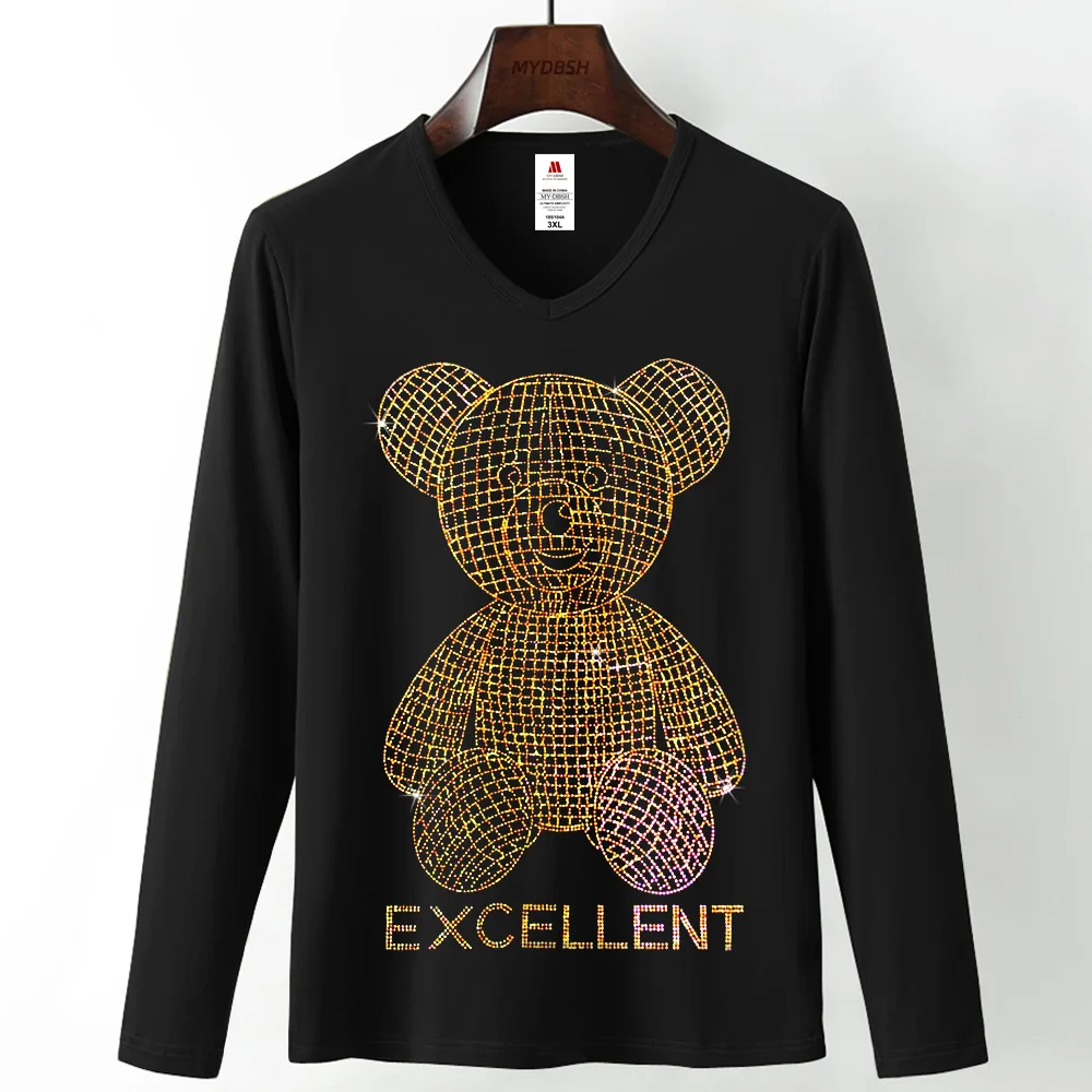 Cool Diamond Man T Shirt Unisex Streetwear Slim Fit Men\'s Shinny Hot Drilling Tee Shirt Diamond Inlaid Teddy Bear Toy Plus Size