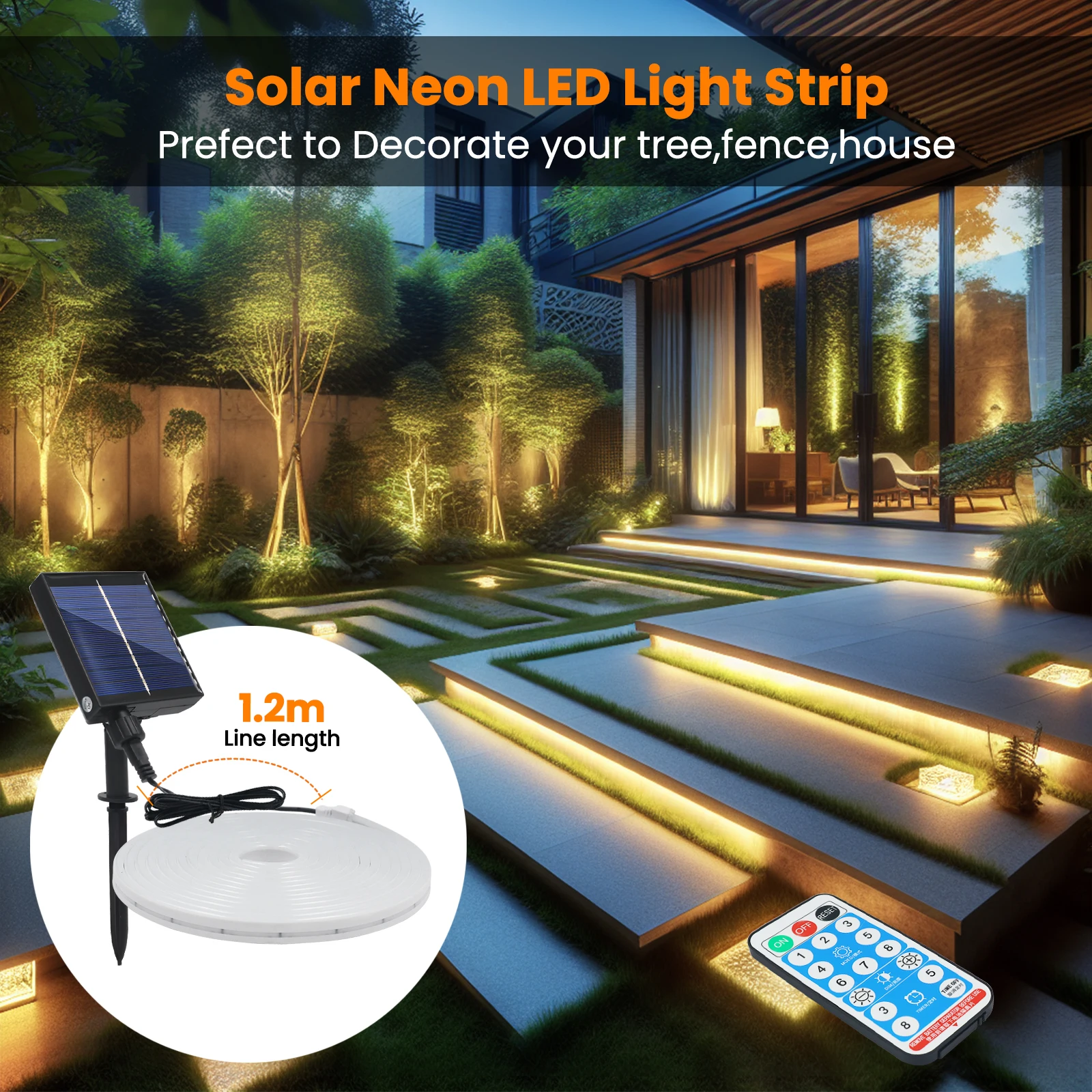 Solar Neon LED Strip 12V 2835 SMD Flexible Tape Light IP67 Waterproof Outdoor Decor Warm/ Cool White Remote Control 6mm X 12mm