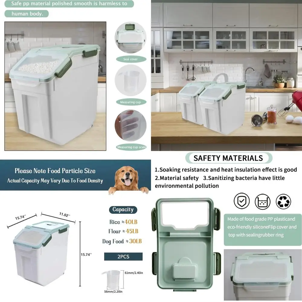 

2-Pack Rice Keepers with Measuring Cup, 50 lb Flour Bin on Wheels, BPA-Free Food Storage Containers Set for Dry Goods, Sugar, Ce