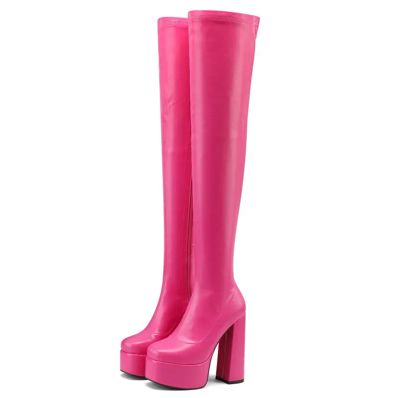 Bright Fuschia Pink Green Sexy Women Shoes Winter Overknees Block High Heels Boots Over-the-knee Stretch Platform Long Boots