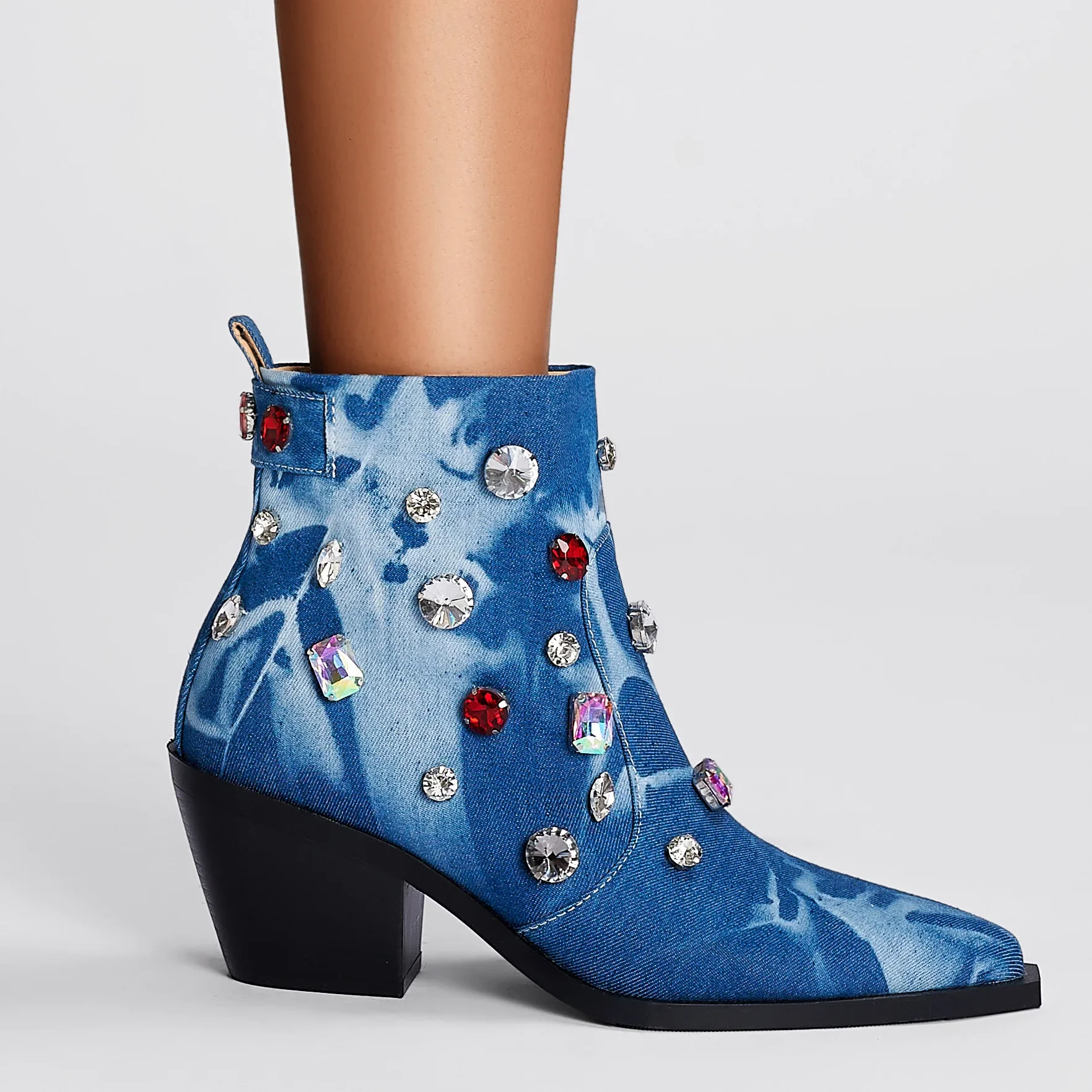 

Denim Diamond-Studded Pointed Toe Ankle Boots Pull On Chunky High Heel Chelsea Booties Catwalk Plus Size Women Shoes Zapatos