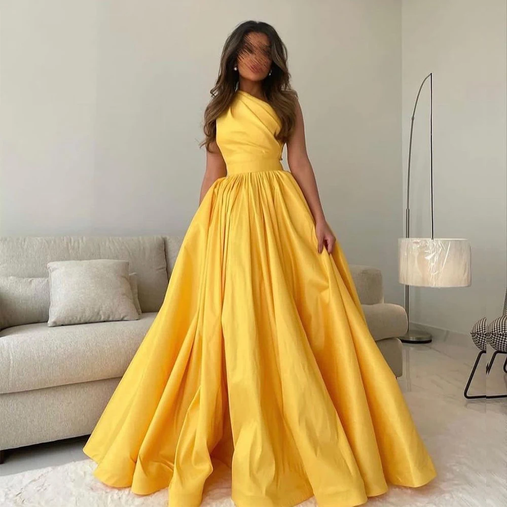 

Golden Satin Arabic Evening Dress Sleeveless One Shoulder Formal Event Party Prom Gowns Pleats Duvai Celebrity Dress