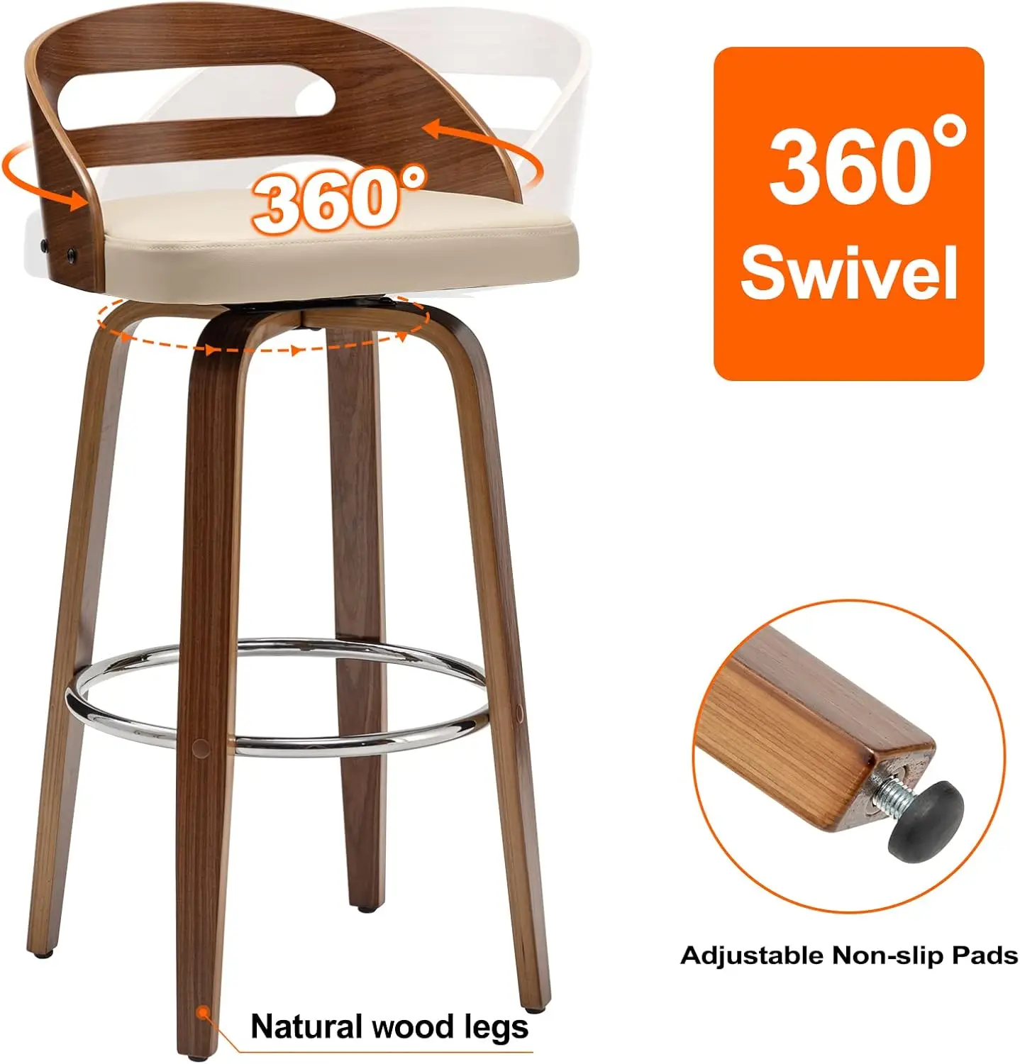 Taburetes de Bar giratorios con respaldo bajo, sillas de Bar de madera con asiento de cojín suave, altura de asiento de 24,6 pulgadas, Juego de 2