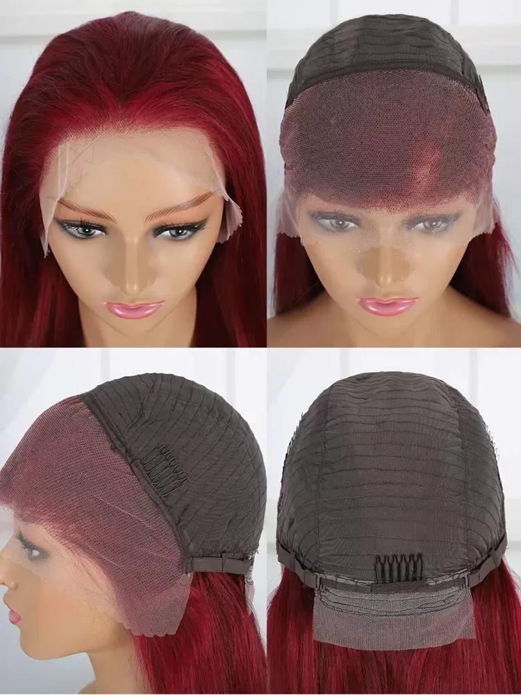 الدانتيل الشفاف الجبهة قبل قطعها موجة مستقيمة 13X4 باروكة من شعر طبيعي 99J 250% الكثافة شعر مستعار أمامي للنساء لون بورجوندي