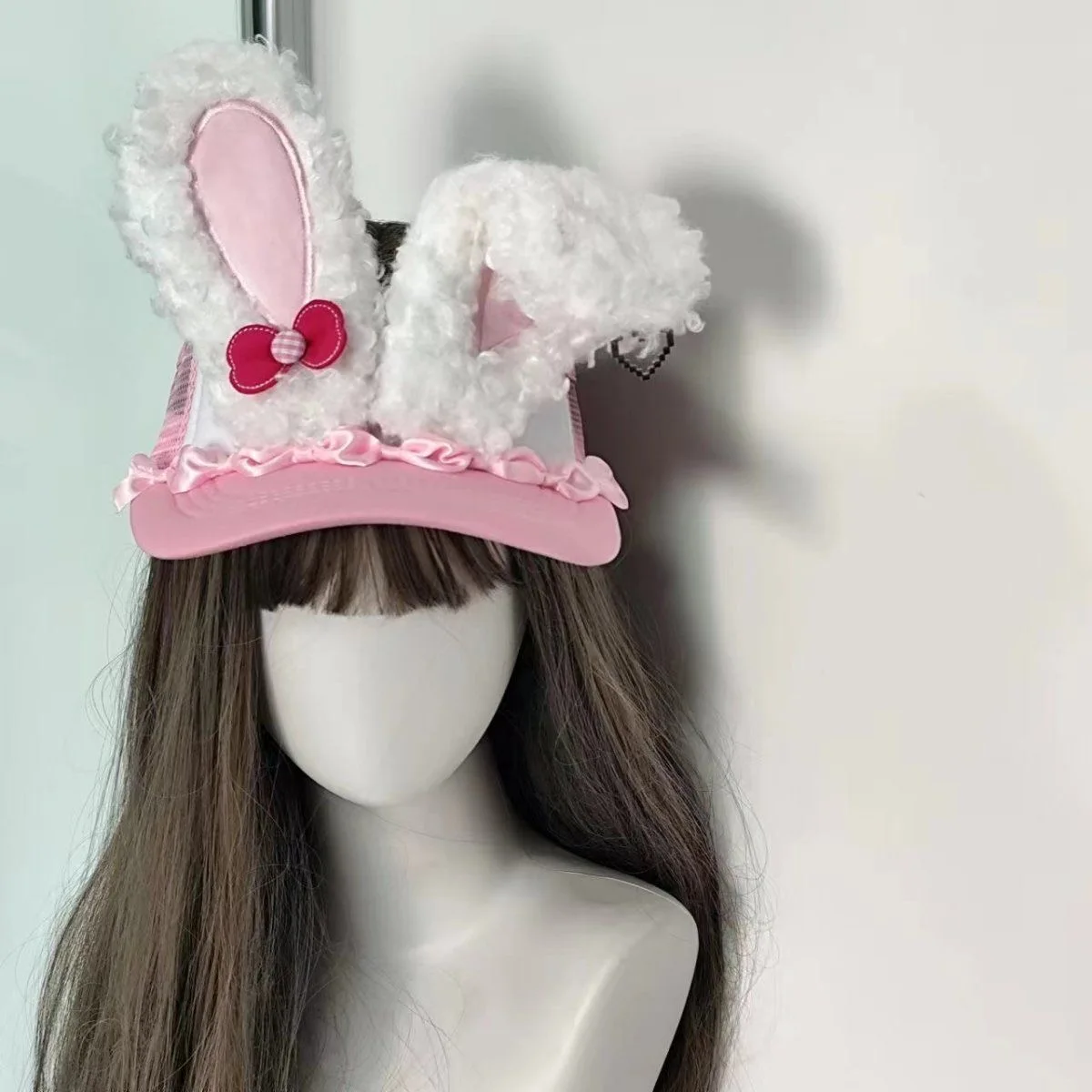 Original Lolita Kawaii Creme Rosa Spitze Hase Kaninchen Ohr Schleife Landmine Y2k Subkultur Leere Kappe
