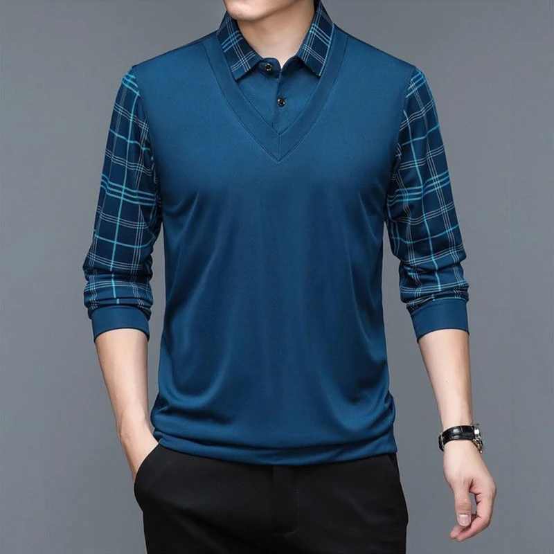 Spring New Long Sleeve POLO Men\'s T-shirt Lapel Loose Stripe Bottom Fashion Casual Pullover Clothes Business Button Shirts