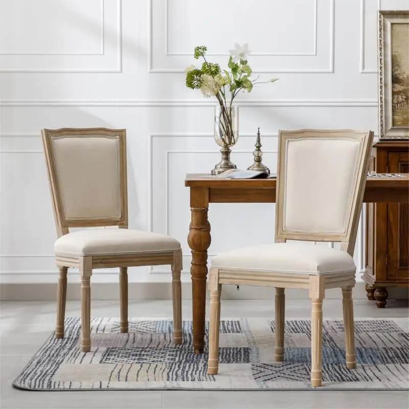 Cream Solid Wood Frame Linen Fabric Square Back Dining Chair Set of 2