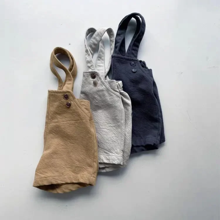 2023 Korean Style New Summer Kid Boy Girl Shorts Khaki Light Grey Blue Sling Pants Loose Trousers Children Retro Overalls