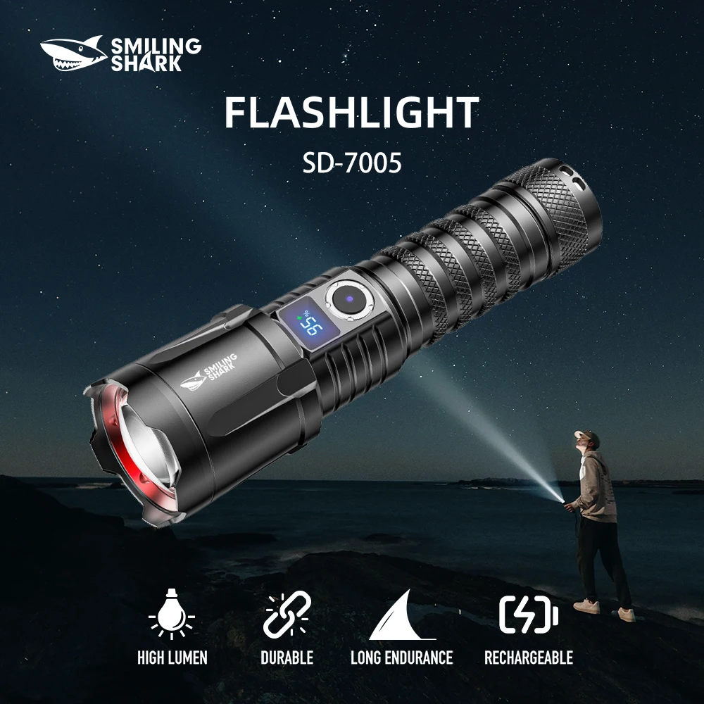 1pc Smiling Shark SD-7005 LED Flashlight, Super Bright Handheld Flashlight, Long-lasting Flash Light Rechargeable for Outdoors