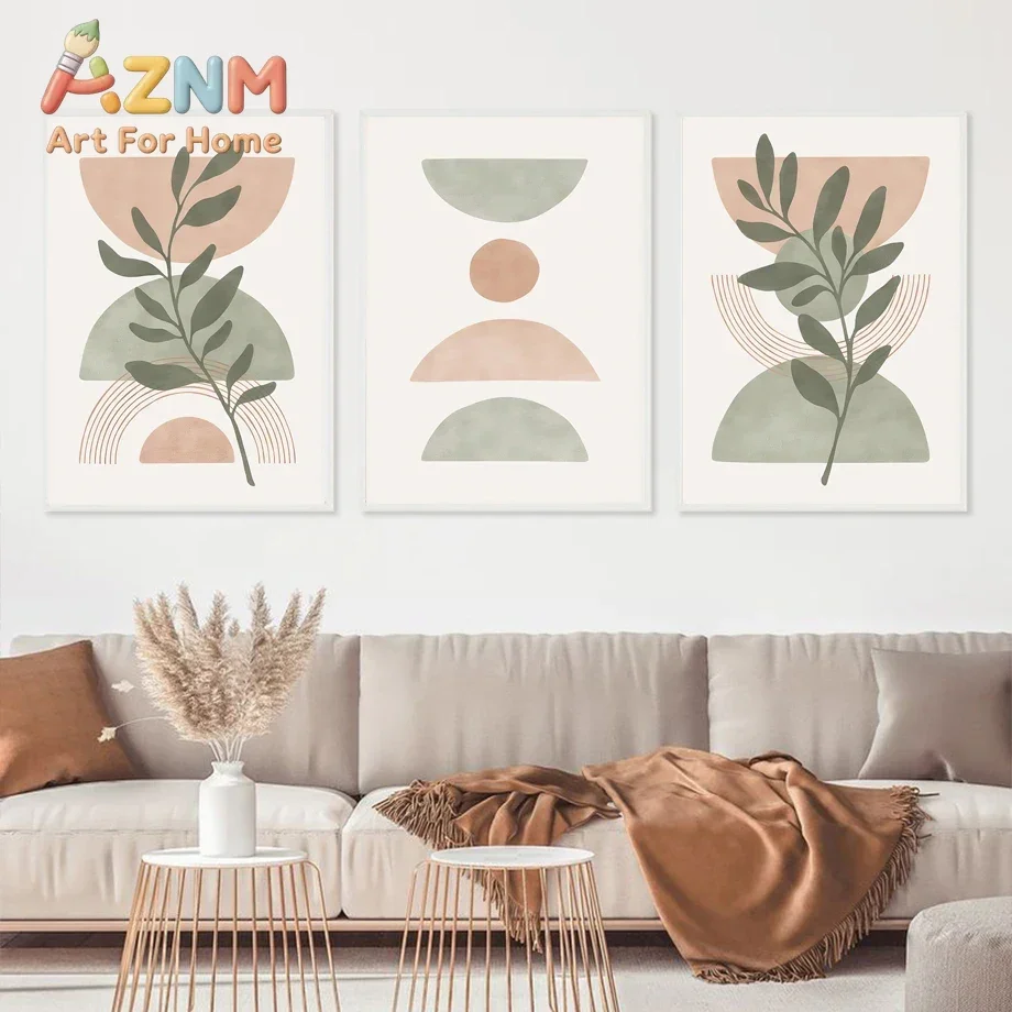 Boho Green Leaf Sun Rainbow Geometry Wall Art Canvas Painting Abstract Lines Posters And Prints Pictures For Living Room Decor