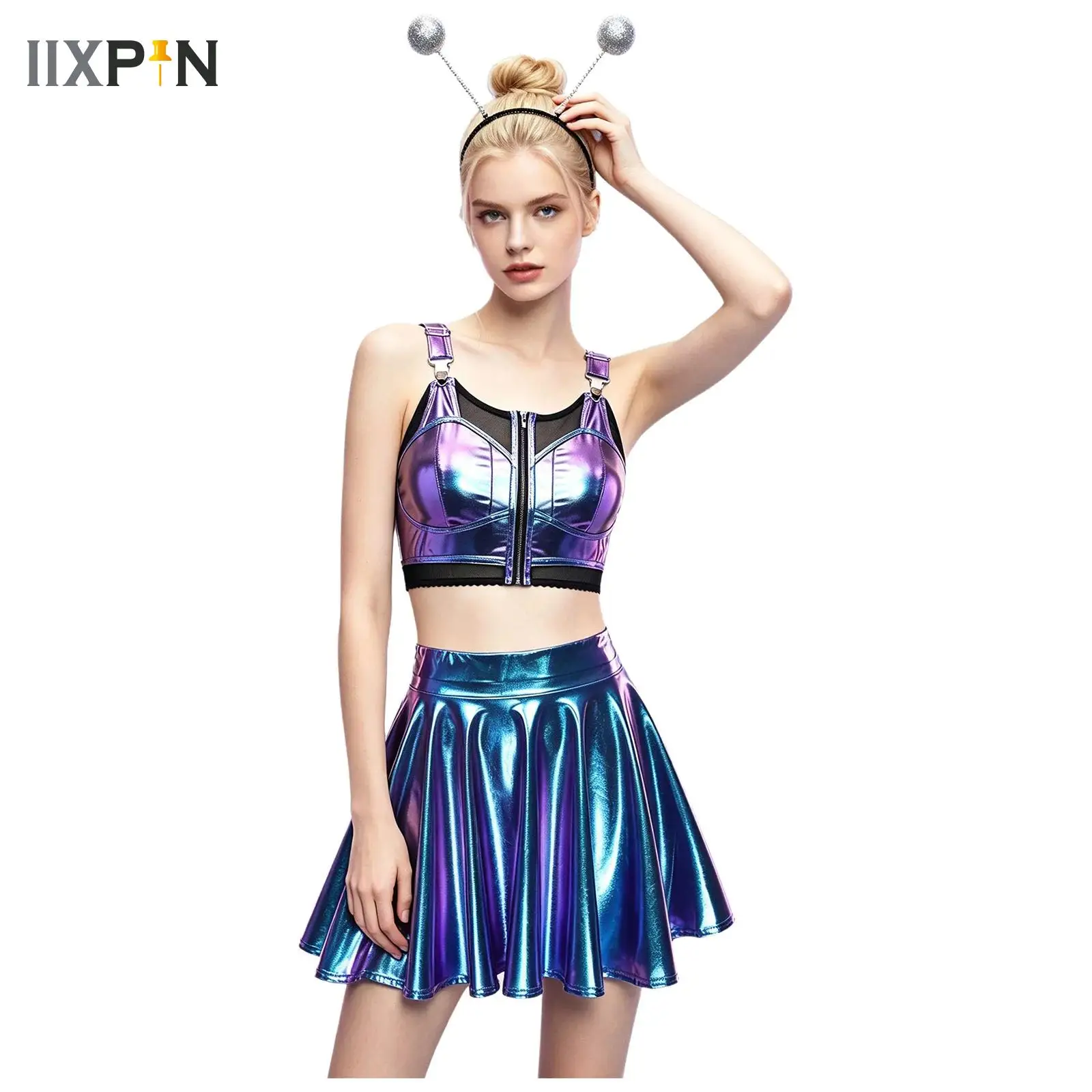 Womens Adult Metallic Party Clubwear Shiny Astronaut Alien Cosplay Jazz Dance Cosplay Costume Sequin Vest Miniskirt Headband