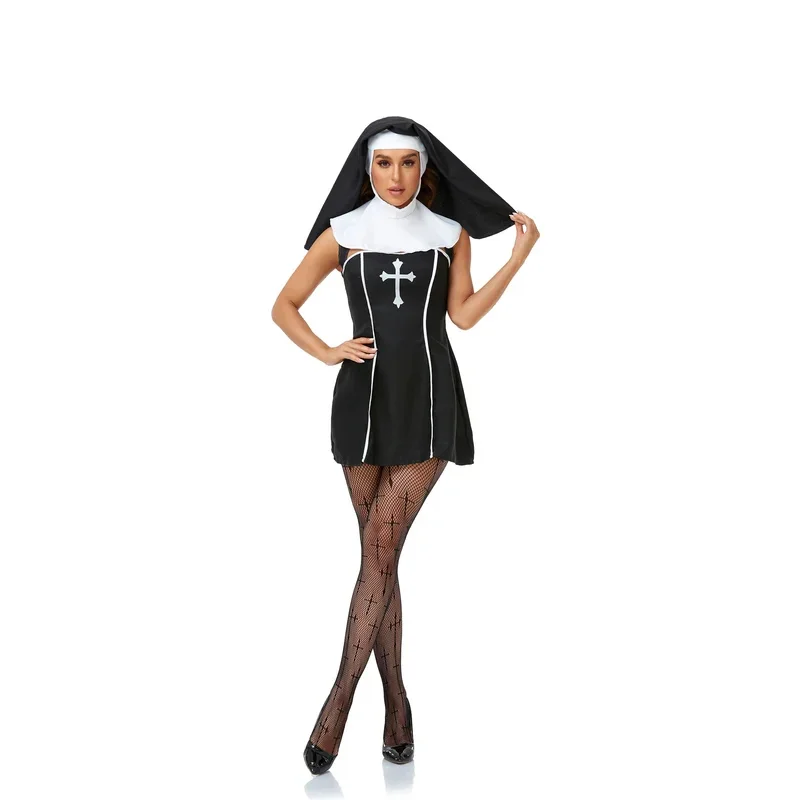 Kostum Halloween Purim Biarawati Pendeta Kostum Mewah Hari Orang Mati Berdarah Menyeramkan Kristen Katolik Misionaris Cosplay Gaun