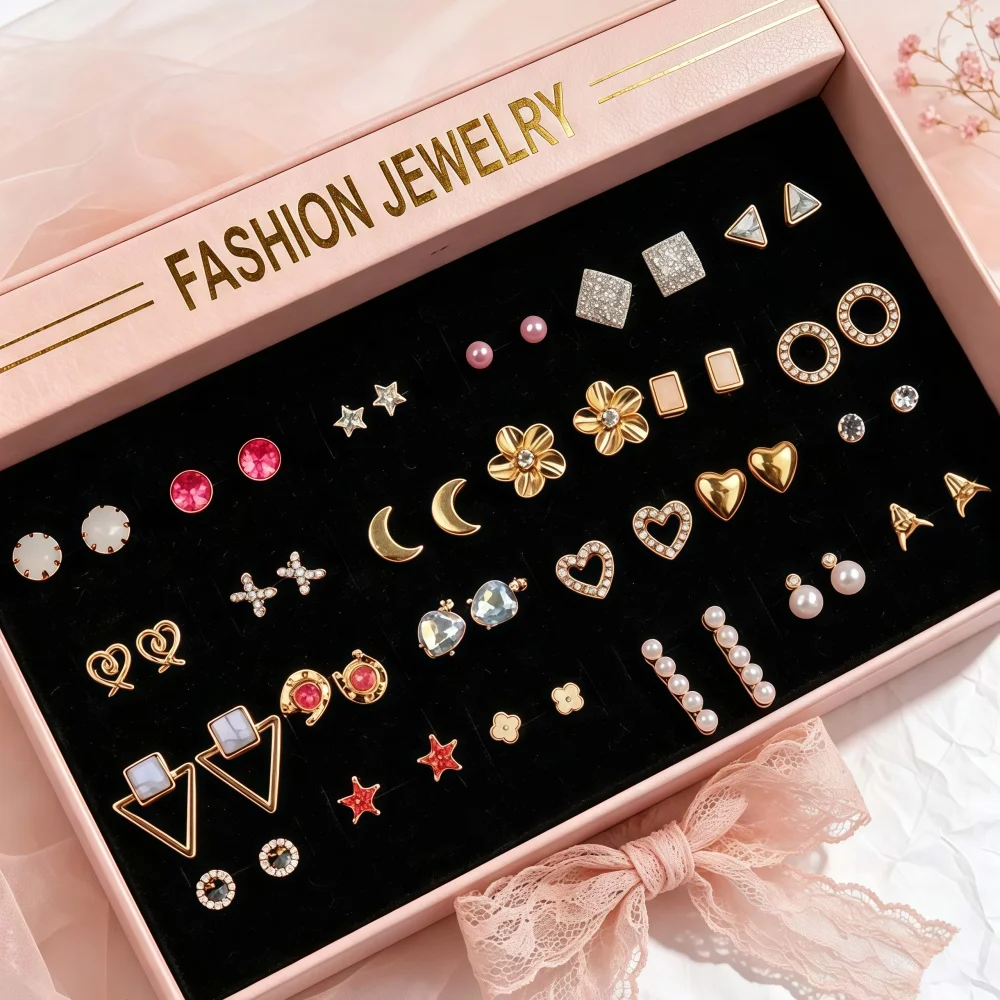 16Pairs/Lot Fashion Exquisite With Women's Geometric Sweet Small Flower Earrings Daily Party Gifts Mix Style Jewelry Accessories