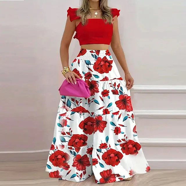 

Sexy Print Halter Midi Skirt Casual Maternity Wear Cross-Border Women's Fashion Spring New Arrival Casual Sportswear Set