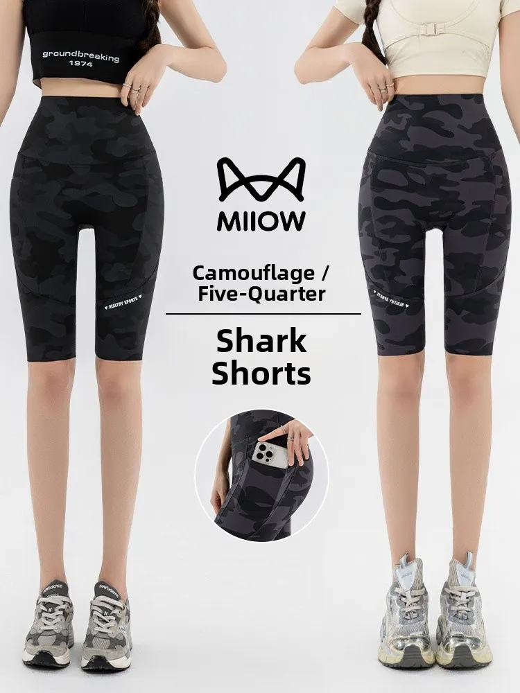 High Waist Five-Quarter Fitn Yoga Pants Thin Elastic Camouflage Cycling Trousers with Double Sided kets Butt Lifting Ab...