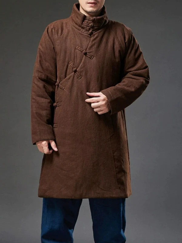

Thiened High Collar Winter Cotton Jaet Men's Vintage Sle Mid-Length Coat with Button Decorations Warm Outerwear