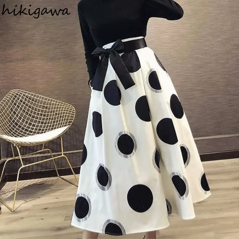 

Elegant Polka Dot Skirts for Women 2024 Faldas Mujer De Moda High Waist Bandage Bow Jupe Summer Saia Korean Big Swing Skirt