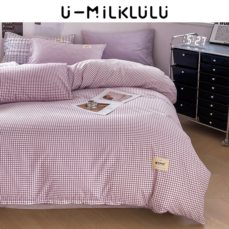 

Purple Grid Bedding Set Luxury Simplicity and Freshness Line Queen Comforter Cotton King Size Sheet Set Comfortable Duvet Cover