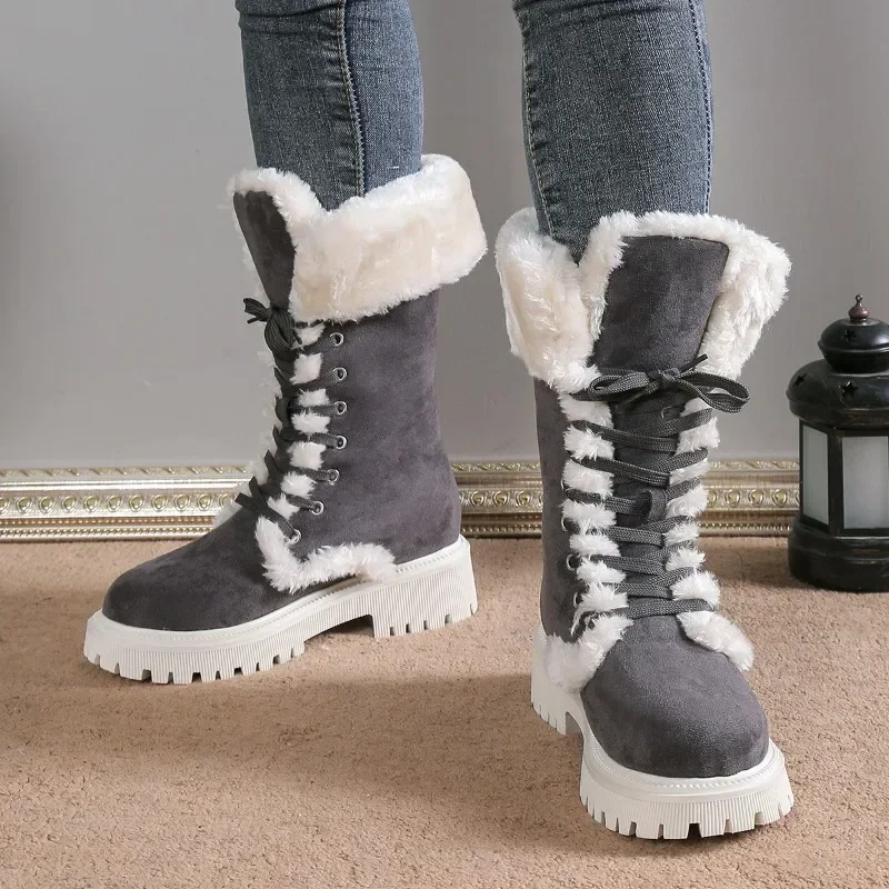 Thicken Plush Women\'s Winter Snow Boots 2023 Fur Platform Boots Woman Mid-calf Lace-up Snow Boots for Women Warm Cotton Shoes