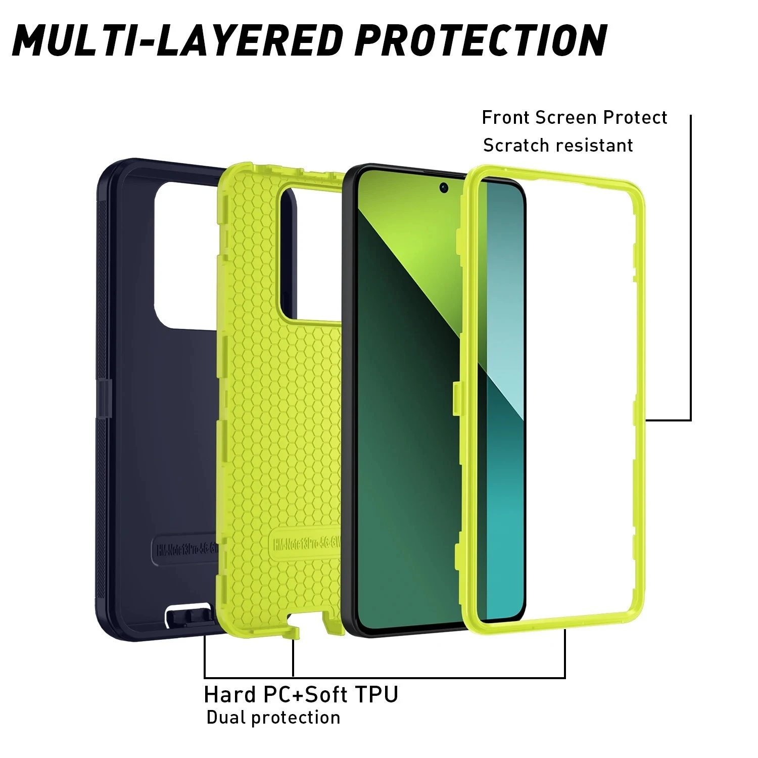 Robuste Hybrid-OTT-Defender-Handyhülle für Xiaomi Redmi Note 15 13 Pro Plus 4G 5G 15C 13R 3-Schicht stoßfeste Schutzhülle. – Detail 3