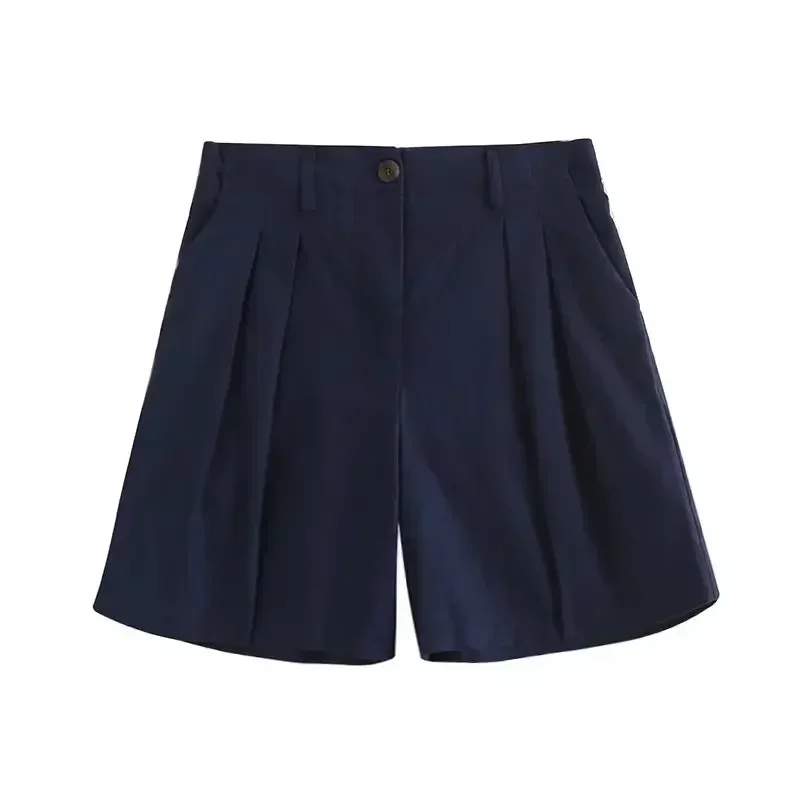 2023 Ladies Fashion Chic Casual Solid Color Side Pocket Pleated Wild Straight Shorts Retro Elastic Waist Shorts Pantalones