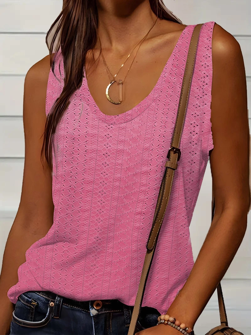 Damen-Tanktop für Frühling und Sommer, weiß, V-Ausschnitt, ärmellos, perforierte Textur, entspannt, frisch, elegant, täglich, lässig – Detail 8
