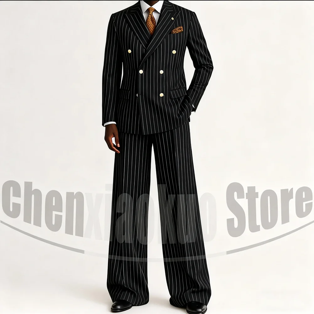 

Шикарные мужские костюмы в тонкую полоску, комплект двубортных пиковых лацканов, модный элегантный повседневный мужской костюм из 2 предметов (пиджак + брюки)