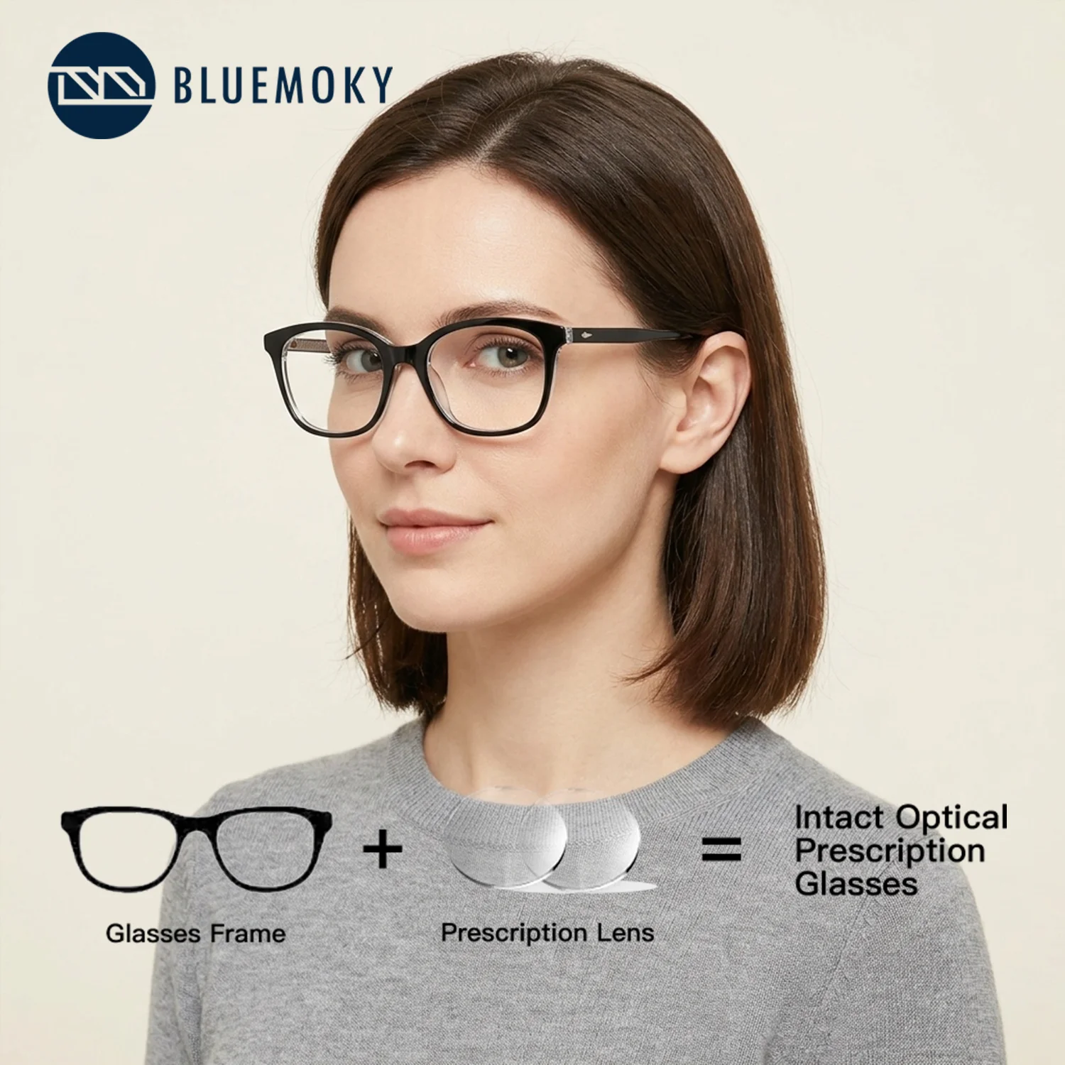 BLUEMOKY (M Size) Prescription Eyeglasses Photochromic Anti Blue Light Square Acetate Optical Graduated Glasses Woman