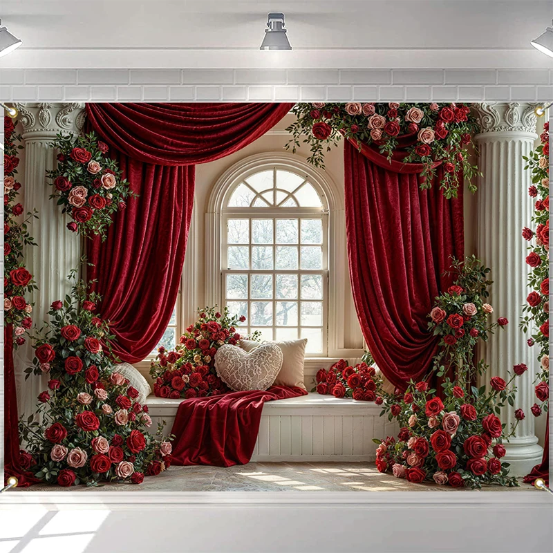 

LS Valentine's Day Boho Photography Backdrops Red Curtain Floral Red Heart Adult Portrait Backgrounds Photo Studio
